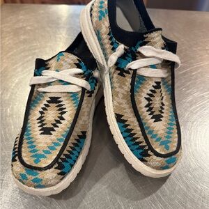 Gypsy Jazz Teal Black Tan Southwestern Knit Slip-On Flats